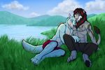  anthro biceps blue blue_eyes blue_fur blue_sky canine clothing couple duo eclipse_wolf feline fur gay grass green_eyes grey_fur holding hug karmakat lion love male mammal markings massak muscles pecs shorts tattoo tiger topless tsaiwolf wolf 