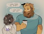 2025 absurd_res ambiguous_anthro ambiguous_gender anthro beard bird_dog biscuit_(chewtoyys) blue_clothing blue_shirt blue_t-shirt blue_topwear brown_beard brown_body brown_facial_hair brown_fur brown_hair button_ears canid canine canis chewtoyys clothed clothed_ambiguous clothed_anthro clothed_male clothing digital_drawing_(artwork) digital_media_(artwork) domestic_cat domestic_dog duo ellipsis english_text explicit_text facial_hair felid feline felis floppy_ears fur golden_retriever hair half-length_portrait hi_res holding_coffee_mug hunting_dog lucky_(chewtoyys) male male_anthro mammal nonbinary_(lore) portrait retriever shirt smoke t-shirt tan_body tan_clothing tan_fur tan_shirt tan_topwear teeth text thinking thought_bubble topwear white_ribbon yellow_body yellow_fur