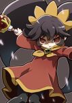  1girl ashley_(warioware) black_hair black_pantyhose brown_background dress hairband holding holding_staff long_hair long_sleeves looking_at_viewer pantyhose parted_lips red_dress red_eyes solo staff tendoast twintails very_long_hair warioware yellow_hairband 