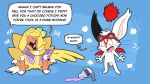 after_transformation antennae_(anatomy) avian bat_wings chocobo dialogue erakir_(character) feathered_wings feathers final_fantasy fur implied_transformation ivalician_moogle laugh laughing_at_another membrane_(anatomy) membranous_wings pom_antennae potion_bottle red_wings speech_bubble square_enix surprised_expression text transformation trevor-fox whiskers white_body white_fur wings yellow_body