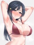  1girl absurdres arms_up bikini black_hair blush breasts grey_eyes highres large_breasts long_hair looking_at_viewer love_live! love_live!_nijigasaki_high_school_idol_club nasuno_(nasuno42) parted_lips red_bikini simple_background solo steaming_body strap_gap sweat swimsuit upper_body yuki_setsuna 