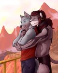  biceps black_fur black_hair blue_eyes clothing couple ear_piercing eclipsewolf elipse_wolf feline fur gay grey_fur hair hug karmakat lion love male mammal mane manly markings massak piercing topless 