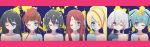  6+girls ;) bandage black_hair blonde_hair blue_hair blush brown_hair closed_mouth collarbone eyebrows_visible_through_hair eyes_visible_through_hair facial_scar green_hair hair_over_one_eye highres hoshikawa_lily konno_junko long_hair looking_at_viewer minamoto_sakura mizuno_ai multicolored_hair multiple_girls nikaidou_saki one_eye_closed orange_hair red_eyes red_hair scar short_hair silver_hair sjw_kazuya smile split_theme star v-shaped_eyebrows yamada_tae yuugiri_(zombie_land_saga) zombie zombie_land_saga 