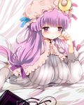  bad_id bad_pixiv_id bed blanket blush book breasts canopy_bed capelet crescent dress drooling eyewear_removed glasses hair_ribbon hat jpeg_artifacts kotomo large_breasts long_hair patchouli_knowledge pillow purple_eyes purple_hair ribbon solo striped striped_dress touhou waking_up 