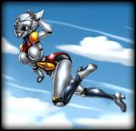  breasts cloud clouds female flying godzilla_(series) high_heels jet_jaguar jetta kaiju looking_at_viewer machine marauder6272 mechanical metal robot shiny sky smile solo teeth 