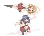  black_legwear blonde_hair blue_hair brown_eyes dodging furutani_himawari hair_ornament hairband hairclip jumping md5_mismatch multiple_girls nanamori_school_uniform oomuro_sakurako parody school_uniform serafuku shadow shishinon simple_background squatting white_background yellow_eyes yuru_yuri 