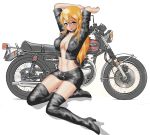  1girl absurdres biker_clothes bikesuit blonde_hair blue_eyes boots ground_vehicle highres long_hair motor_vehicle motorcycle thigh_boots thighhighs yuta0toku 