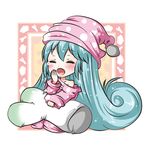  aqua_hair chibi closed_eyes hat hatsune_miku highres long_hair nightcap off_shoulder open_mouth pajamas sitting solo spring_onion usakou very_long_hair vocaloid yawning 