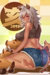  1girl 2019 animal_ears ass bare_shoulders barefoot blue_shorts blush breast_rest breasts chinese_zodiac cutoffs dark_skin denim denim_shorts feet grey_hair harunori_oogami large_breasts long_hair looking_at_viewer looking_back midriff new_year original parted_lips pig pig_ears pig_girl pig_tail red_eyes short_shorts shorts sitting smile soles tail toes year_of_the_pig 