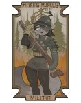 absurd_res anthro armor biped black_nose canid chainmail cheek_tuft clothed clothing dipstick_tail evergreen_tree facial_tuft female frown fur glass_(tinderkell) gloves grass grey_body grey_fur gun handwear headgear helmet hi_res holding_object holding_weapon looking_at_viewer mammal markings matchlock musket painted_armor pine_tree plant ranged_weapon solo tail tail_markings text tinderkell tree tuft weapon yitexity