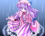  blue_background bow crescent dress ears frills hair_bow hand_on_own_shoulder hat hat_ribbon hexagram light_trail long_hair long_sleeves looking_at_viewer magic_circle patchouli_knowledge purple_eyes purple_hair ribbon robe roco_(katsuya1011) simple_background sitting smile solo striped striped_dress touhou very_long_hair 