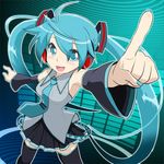  aqua_eyes aqua_hair detached_sleeves foreshortening hatsune_miku headphones long_hair looking_at_viewer necktie open_mouth pointing skirt solo thighhighs twintails very_long_hair vocaloid yazwo 