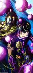  1boy 1other absurdres afro araki_hirohiko_(style) black_hair black_hat blue_eyes blue_gloves blue_lips bowler_hat bubble commentary english_commentary gloves glowing glowing_eyes hat highres humanoid_robot jojo_no_kimyou_na_bouken jojolion makeup male_focus noonvincent pants purple_shirt purple_sleeves robot scarf shirt stand_(jojo) stuffed_animal stuffed_toy teddy_bear tooru_(jojolion) wonder_of_u yellow_eyes yellow_pants yellow_scarf 