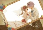  1girl bare_shoulders blue_flower blue_rose bridal_veil brown_hair closed_eyes couple dress elbow_gloves flower formal frame garry_(ib) gloves hair_ornament happy hetero holding_hands ib ib_(ib) long_hair older purple_hair red_flower red_rose rose short_hair smile soratsuki suit veil wedding_dress yellow_flower yellow_rose 