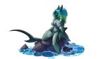 16:9 alpha_channel anthro aurora_(kamikazekit) bikini black_sclera blue_hair blue_markings breasts clothing female fin fish green_body green_eyes green_hair green_markings hair hand_on_hip kawfee looking_at_viewer marine markings midriff multicolored_hair multicolored_markings navel non-mammal_breasts on_rock partially_submerged rock shark simple_background sitting solo swimwear tongue tongue_out transparent_background two-piece_swimsuit water widescreen
