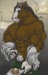 2013 5_fingers abs anthro apron barazoku ben_(oldshep) biceps big_muscles biped brown_body brown_eyes brown_fur brown_mane ceiling_lamp closed_smile clothed clothed_anthro clothed_male clothing clydesdale countershade_face countershade_fur countershading deltoids dessert detailed_background digital_media_(artwork) draft_horse equid equine eyebrows fingers food fur gloves_(marking) hair half-length_portrait hi_res holding_food holding_object holding_plate horse humanoid_hands inside lamp looking_at_viewer male male_anthro mammal mane manly markings mouth_closed multicolored_body multicolored_fur muscular muscular_anthro muscular_arms muscular_male navel nipples notebook oldshep pecs pencil_(object) portrait pudding signature smile smiling_at_viewer solo standing three-quarter_view topless topless_anthro topless_male trapezius triceps waiter white_body white_countershading white_fur white_hands