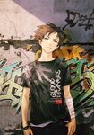  bandages bandaid beatless bracelet brown_hair copyright_name endou_arato english graffiti head_tilt highres jewelry looking_at_viewer male_focus official_art pink_eyes redjuice shirt solo t-shirt 