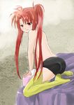  1girl ass bare_shoulders bed_sheet boots breasts long_hair nanaly_fletch red_eyes red_hair short_shorts shorts tales_of_(series) tales_of_destiny_2 thigh_boots thighhighs topless twintails 