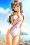 1girl beach blush breasts game_cg green_eyes highres kurio_asuka long_hair outdoors sky sodom_no_shima:_night_of_blind solo swimsuit 