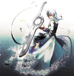  alvis floating fur_trim gradient gradient_background hexagon male_focus mebu monado silver_hair solo sword weapon white_hair xenoblade_(series) xenoblade_1 