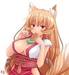  aburaage animal_ears bad_id bad_pixiv_id breasts brown_hair cleavage fang food fox_ears fox_tail hasu_(hk_works) inugami_renge_(hasu) japanese_clothes large_breasts long_hair magatama miko mouth_hold no_bra no_panties original red_eyes simple_background solo tail white_background 