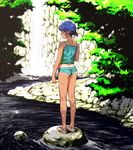  alternate_costume alternate_hairstyle ass bare_shoulders blue_eyes blue_hair butt_crack camisole casual day full_body highres itou_yuuji kawashiro_nitori kneepits looking_at_viewer looking_back no_hat no_headwear outdoors river shoes short_hair short_ponytail short_shorts shorts sneakers solo standing tan tanline touhou water waterfall wedgie 