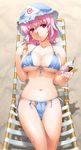 :o absurdres bikini breasts byeontae_jagga chair cleavage eating food front-tie_top groin hat highres holding ice_cream large_breasts lounge_chair lying navel pink_eyes pink_hair saigyouji_yuyuko shiny shiny_skin side-tie_bikini skindentation solo spoon swimsuit thigh_gap touhou underboob wafer 