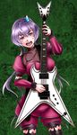  absurdres chris_impellitteri dean_guitars fukushima_nyuugyou_inc garter_straps guitar highres instrument jewelry long_hair music namesake open_mouth pendant playing_instrument pun purple_eyes purple_hair senki_zesshou_symphogear solo sweatdrop symphogear_pendant teeth thighhighs twintails yukine_chris 