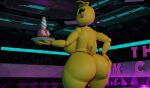 3d_(artwork) animatronic antenna_hair anthro avian beakless big_breasts big_butt bird black_clothing black_thong black_underwear breasts butt chicken clothing cupcake_(fnaf) digital_media_(artwork) duo female five_nights_at_freddy&#039;s five_nights_at_freddy&#039;s_2 galliform gallus_(genus) glowing glowing_eyes hair hand_on_butt hi_res holding_plate impaer_jaster looking_at_another looking_at_viewer looking_back looking_back_at_viewer lovetaste_chica machine neon_lights phasianid plate rear_view robot robot_anthro scottgames tail thick_thighs thong toy_chica_(fnaf) underwear
