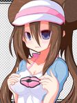  blue_eyes breast_squeeze breasts brown_hair checkered checkered_background cleavage double_bun highres karasawa@ long_hair medium_breasts mei_(pokemon) pokemon pokemon_(game) pokemon_bw2 raglan_sleeves solo twintails visor_cap 