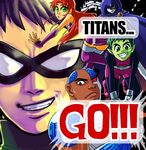  3boys akikoke beast_boy_(dc) cape copyright_name cyborg_(dc) dc_comics domino_mask everyone face grin mask multiple_boys multiple_girls raven_(dc) robin_(dc) smile starfire teen_titans 