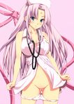  1girl amasora_taichi bare_shoulders blue_eyes blush breasts facial_mark koihime_musou large_breasts long_hair no_pants no_pussy nurse panties panty_pull pink_hair shin_koihime_musou solo sonken sonsaku stethoscope underwear white_panties 