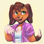 1:1 anthro anthrofied brown_body brown_fur canid canine canis clothed clothing dachshund domestic_dog fangs female floppy_ears fur gloves_(marking) green_eyes hasbro hi_res hunting_dog littlest_pet_shop littlest_pet_shop:_popular lps_675 mammal markings minibunniie savannah_reed snout solo tail teeth