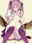  black_wings blush breasts fakepucco hat hat_removed headwear_removed himekaidou_hatate kneehighs knees_together_feet_apart large_breasts lavender_hair legs long_hair nipples no_bra open_clothes open_shirt panties panties_aside pointy_ears presenting purple_eyes purple_legwear pussy shirt sitting solo spread_pussy touhou twintails uncensored underwear very_long_hair wings 