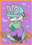  1boy absurdres aqua_bow aqua_eyes aqua_helmet argyle_clothes argyle_sweater bat_(animal) belt black_boots boots bow candy chibi commentary commentary_request diego_brando dinosaur dinosaur_tail food gloves green_gloves grin hat highres jodhpurs jojo_no_kimyou_na_bouken lollipop m_a_a_m_8 male_focus medium_hair pants purple_background purple_hair purple_pants scary_monsters_(stand) sharp_teeth smile solo spurs stand_(jojo) star_(symbol) steel_ball_run sweater tail teeth turtleneck turtleneck_sweater 