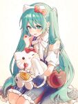  2girls crossover english_commentary fork green_hair handkerchief hatsune_miku hello_kitty hello_kitty_(character) highres holding holding_fork holding_handkerchief jewelry long_hair multiple_girls official_alternate_costume one_eye_closed project_sekai ring sanrio saucer shirt twintails uminokaisen very_long_hair vocaloid white_shirt 