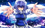  bad_id bad_pixiv_id blue_eyes blush breasts clothes_pin cloud hat highres incoming_hug large_breasts lavender_hair letty_whiterock long_sleeves looking_at_viewer nekominase open_hands open_mouth outstretched_arms reaching scarf short_hair sky solo star_(sky) starry_sky touhou wallpaper widescreen 