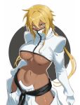 1girl arrancar black_background black_sash bleach blonde_hair blush breasts crop_top cropped_jacket dark-skinned_female dark_skin gloves highres jacket large_breasts long_hair looking_at_viewer mask navel revealing_clothes sash signature solo tier_harribel two-tone_background underboob vizaz white_background white_gloves white_jacket 