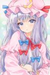  1girl blue_bow blush bow bowtie breasts capelet commentary crescent crescent_hat_ornament dress hair_bow hashtag-only_commentary hat hat_ornament highres long_hair long_sleeves looking_at_viewer mob_cap multiple_hair_bows open_mouth patchouli_knowledge pink_capelet pink_dress pink_hat purple_eyes purple_hair red_bow red_bowtie solo striped_clothes striped_dress touhou twitter_username vertical-striped_clothes vertical-striped_dress very_long_hair watermark yuiki_(cube) 