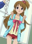  blue_eyes bow brown_hair condom condom_packet_strip condom_wrapper hair_bobbles hair_ornament haruyama_kazunori kuromajo-san_ga_tooru!! long_hair one_side_up shion_megu short_ponytail shorts side_ponytail window 