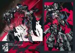  armored_core armored_core_vi:_fires_of_rubicon battle_damage blue_eyes character_name debris full_body holding holding_weapon humanoid_robot impaled kuroihato loader_4 mecha mecha_focus missing_limb no_humans pile_bunker red_background robot science_fiction shoulder_cannon steel_haze_ortus twitter_username weapon 