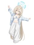  alternate_costume asuna_(blue_archive) blonde_hair blue_archive blue_eyes blue_halo chibi crop_top hair_over_one_eye halo highres keibeam long_hair looking_at_viewer open_clothes open_shirt pants sweatpants very_long_hair white_background 