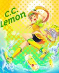  bike_shorts bottle c.c._lemon c.c._lemon_(character) green_eyes highres kneehighs long_hair magenta_(atyana) one_eye_closed open_mouth orange_hair polka_dot polka_dot_background ponytail skirt solo visor_cap water yellow_legwear 