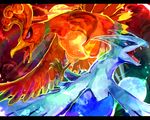  bad_pixiv_id bird fang feathers gen_2_pokemon ho-oh legendary_pokemon lugia no_humans open_mouth pokemon pokemon_(creature) red_eyes suiryuu_(starry_dorm) wings 