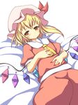  ascot blonde_hair blush flandre_scarlet hand_on_own_chest hand_on_own_stomach hat hat_ribbon looking_at_viewer lying on_back red_eyes ribbon sakuna shirt side_ponytail skirt skirt_set solo touhou wings 
