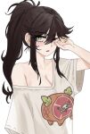  1girl blush breasts brown_hair cleavage commission english_commentary green_eyes high_ponytail highres indie_virtual_youtuber kara_wilderwood large_breasts looking_at_viewer one_eye_closed open_mouth oversized_clothes oversized_shirt ponytail reze_(rewindze) rubbing_eyes shirt simple_background single_off_shoulder solo vgen_commission virtual_youtuber white_background yellow_nails 
