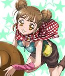  arm_warmers boots breasts brown_eyes brown_hair checkered cleavage double_bun from_above haruno_tomoe haruyama_kazunori knee_boots kneeling light_smile looking_at_viewer looking_up medium_breasts pouch shawl shorts sleeveless solo star star_plus_one starry_background zipper 