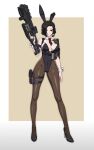  1girl absurdres animal_ears arm_at_side assault_rifle black_hair black_necktie breasts chest_harness covered_navel detached_collar fake_animal_ears fake_tail full_body gun hair_over_one_eye harness headset high_heels highleg highleg_leotard highres holding holding_gun holding_weapon holster large_breasts leotard looking_at_viewer mole mole_under_eye necktie original pantyhose playboy_bunny rabbit_ears rabbit_tail red_eyes rifle science_fiction short_hair solo standing strapless strapless_leotard tactical_playboy_bunny tail tanke_laide thigh_holster trigger_discipline very_short_hair weapon wrist_cuffs 