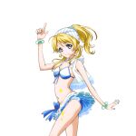  1girl anime_coloring ayase_eli bikini bikini_skirt blonde_hair blue_bikini blue_eyes blue_nails blue_ribbon blush bracelet breasts character_name closed_mouth collarbone cowboy_shot earrings finger_gun frilled_jacket frills front-tie_bikini_top front-tie_top hand_up headscarf hood hooded_jacket index_finger_raised jacket jewelry layered_skirt long_hair looking_at_viewer love_live! love_live!_school_idol_festival love_live!_school_idol_project nail_polish natsuiro_egao_de_1_2_jump! navel necklace official_art pearl_necklace ponytail ribbon see-through_frills skirt smile solo star_(symbol) star_earrings striped_bikini striped_clothes striped_headscarf swimsuit transparent_background white_headscarf white_jacket 
