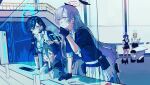  5girls 8rilliance aris_(blue_archive) asuna_(blue_archive) asuna_(school_uniform)_(blue_archive) black_skirt blonde_hair blue-framed_eyewear blue_archive blue_bow blue_bowtie blue_cardigan blue_eyes blue_halo blue_necktie blue_scrunchie bow bowtie breasts cardigan chihiro_(blue_archive) collared_shirt cowboy_shot floating_headgear full_body glasses hair_between_eyes hair_ornament hair_over_one_eye halo headgear highres holographic_monitor indoors jacket large_breasts long_hair long_hair_between_eyes long_sleeves looking_at_viewer miniskirt multiple_girls necktie official_alternate_costume open_mouth parted_lips pleated_skirt purple_eyes purple_hair rectangular_halo school_uniform scrunchie semi-rimless_eyewear shirt shirt_tucked_in short_hair skirt sleeves_rolled_up smile thundergun_(blue_archive) two_side_up under-rim_eyewear utaha_(blue_archive) very_long_hair white_shirt white_skirt wrench wrist_scrunchie yuuka_(blue_archive) 